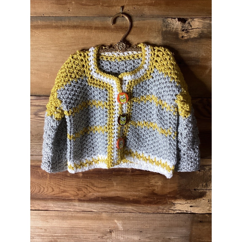Handmade Chunky Knit Cardigan  Sweater Yellow Gray Owl Buttons 13" Sz 2/3